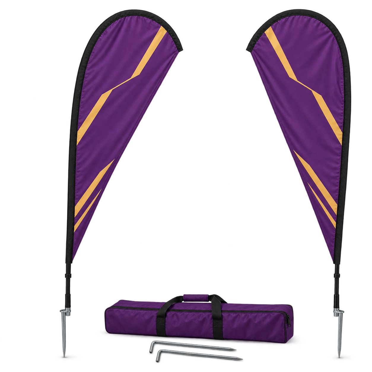 Illustrative pair of matching medium teardrop flags, 2.7 m tall, with carry bag and ground spikes