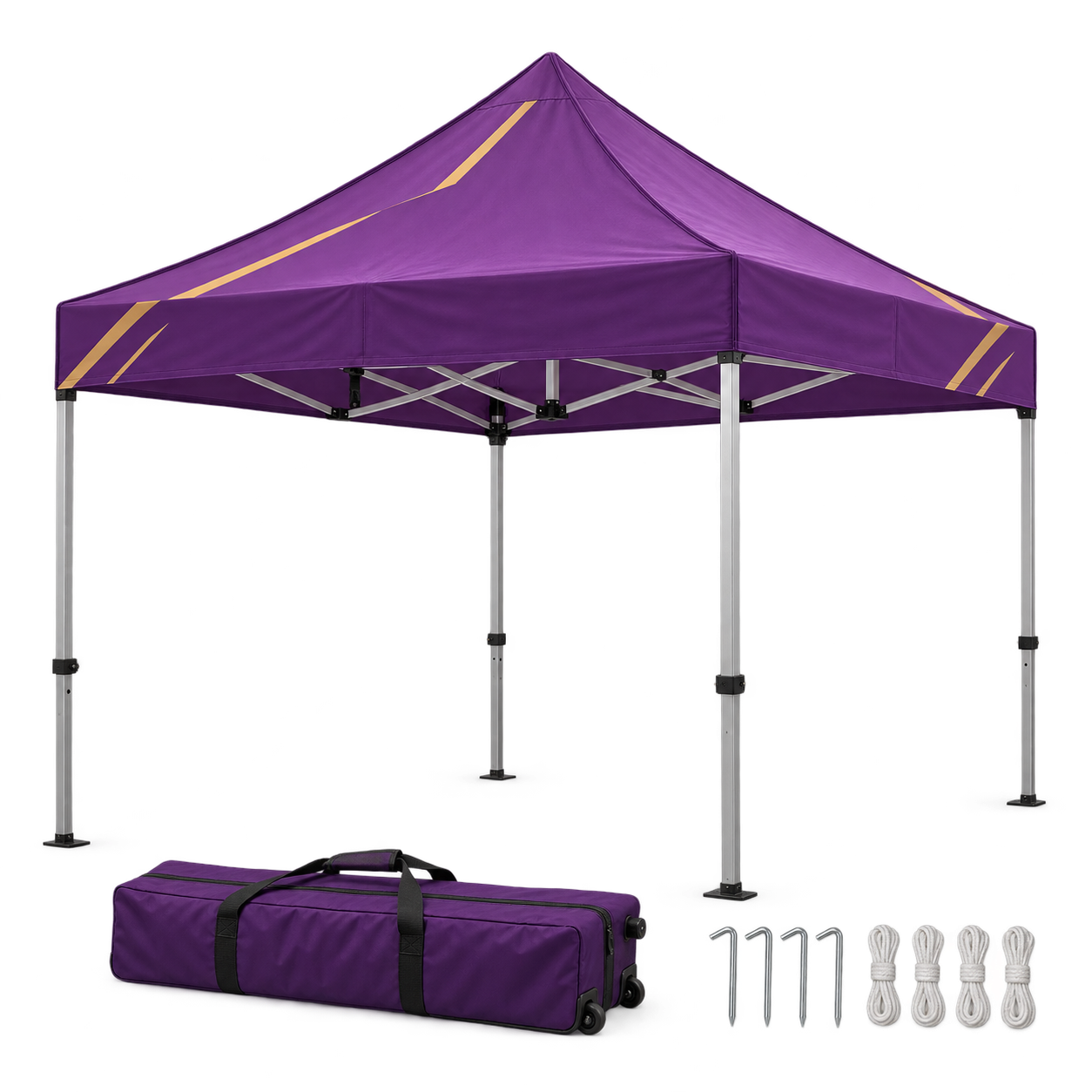 Illustrative purple-and-gold printed commercial marquee with wheeled bag, ropes and pegs