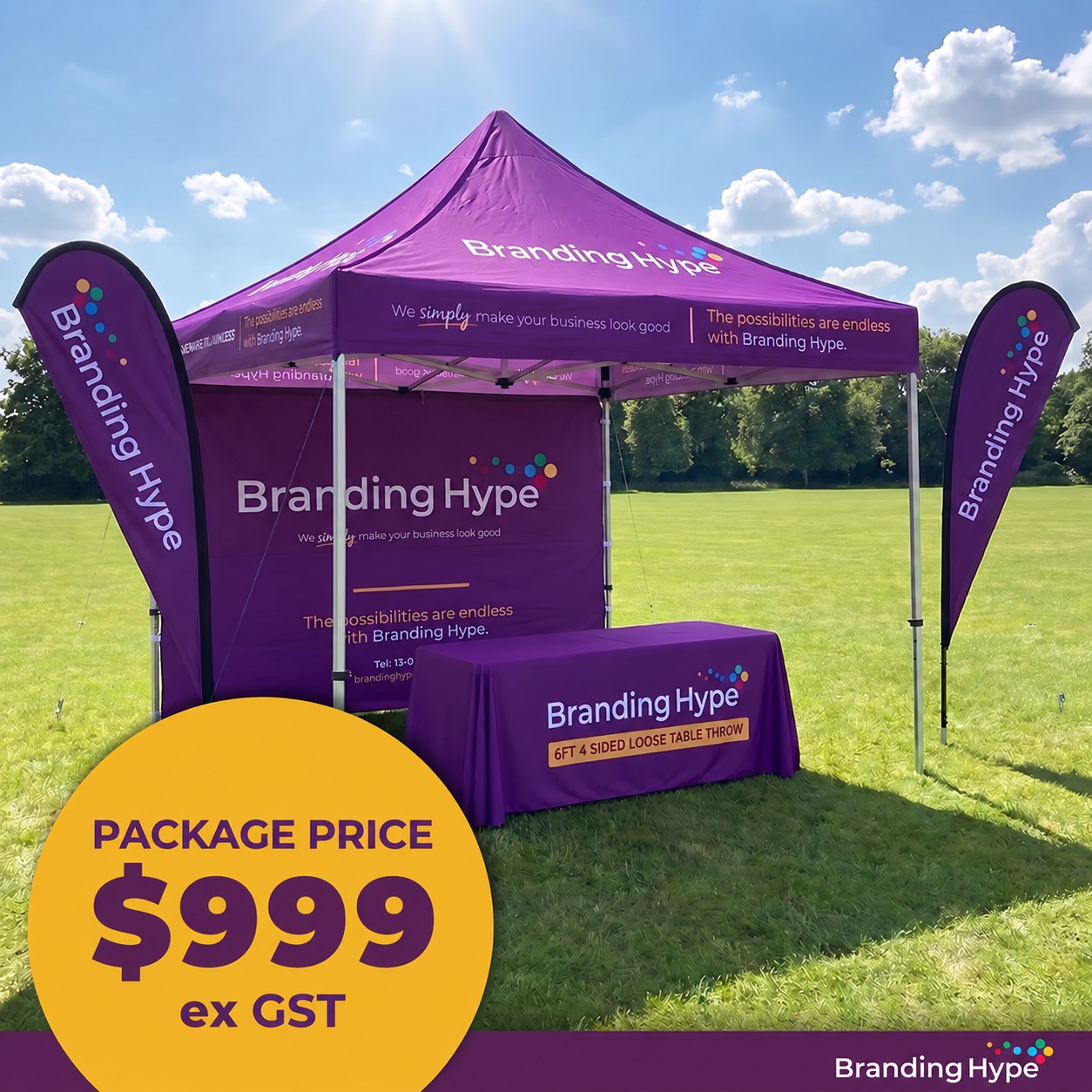 Branding Hype Event Starter Package showing the printed marquee and full back wall, table throw and two teardrop flags